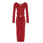 Graceful Women Metal Decorative Long Sleeved Jumpsuit Split Skirt Long Skirt Hollow Out Cutout out Cropped Two Piece Set Bella Mia