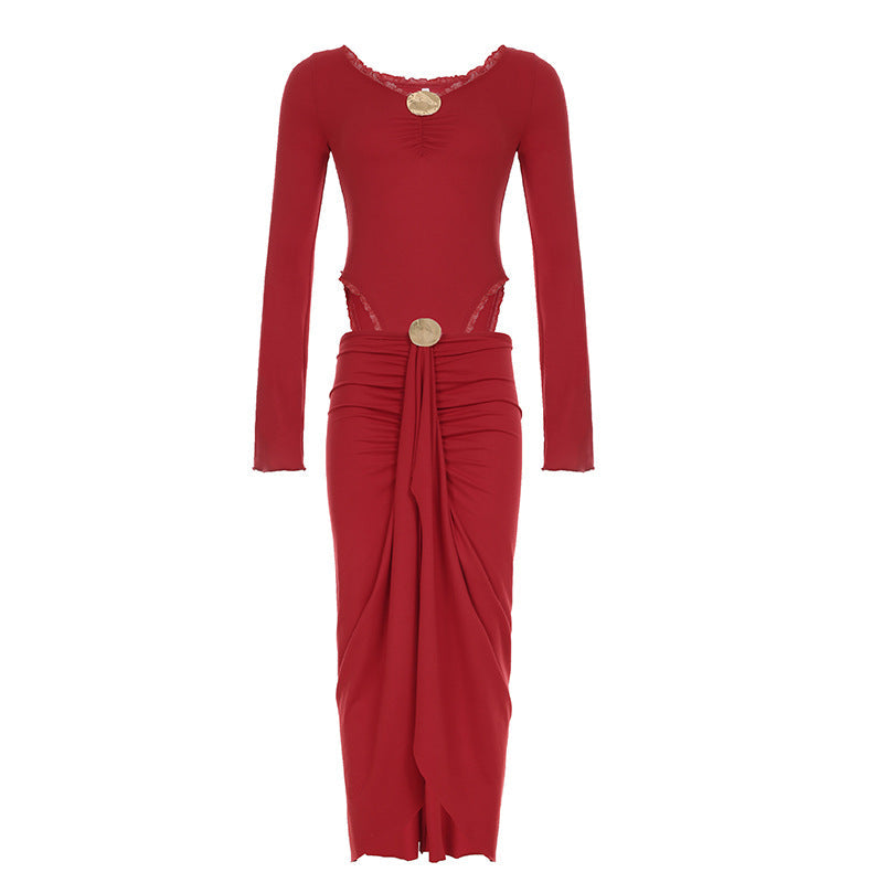 Graceful Women Metal Decorative Long Sleeved Jumpsuit Split Skirt Long Skirt Hollow Out Cutout out Cropped Two Piece Set Bella Mia