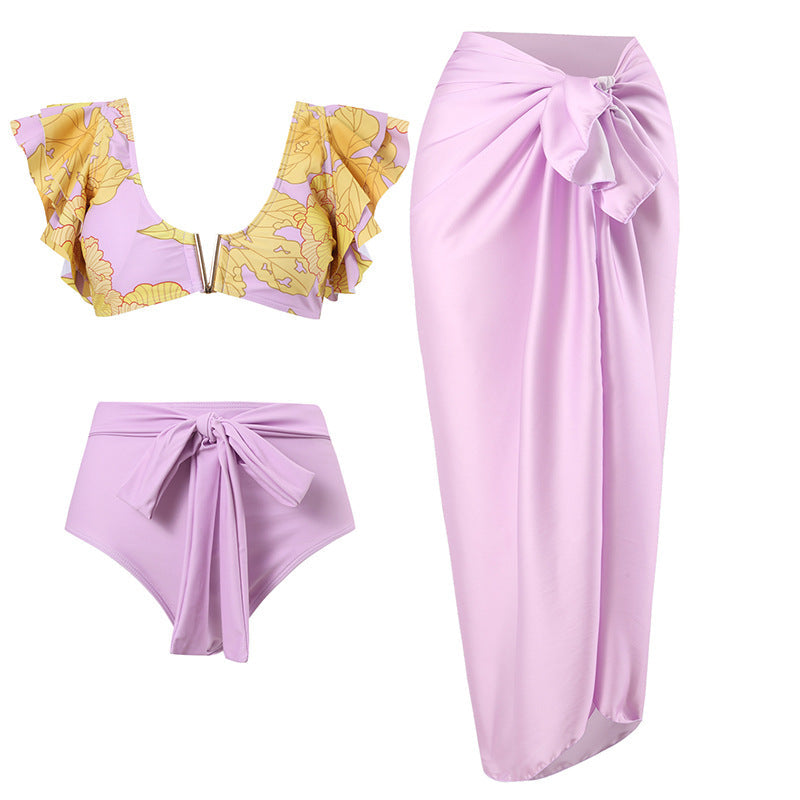 French Retro Printed One Piece Swimsuit Women Spring Vacation Beach Dress Three Piece Bikini Bella Mia
