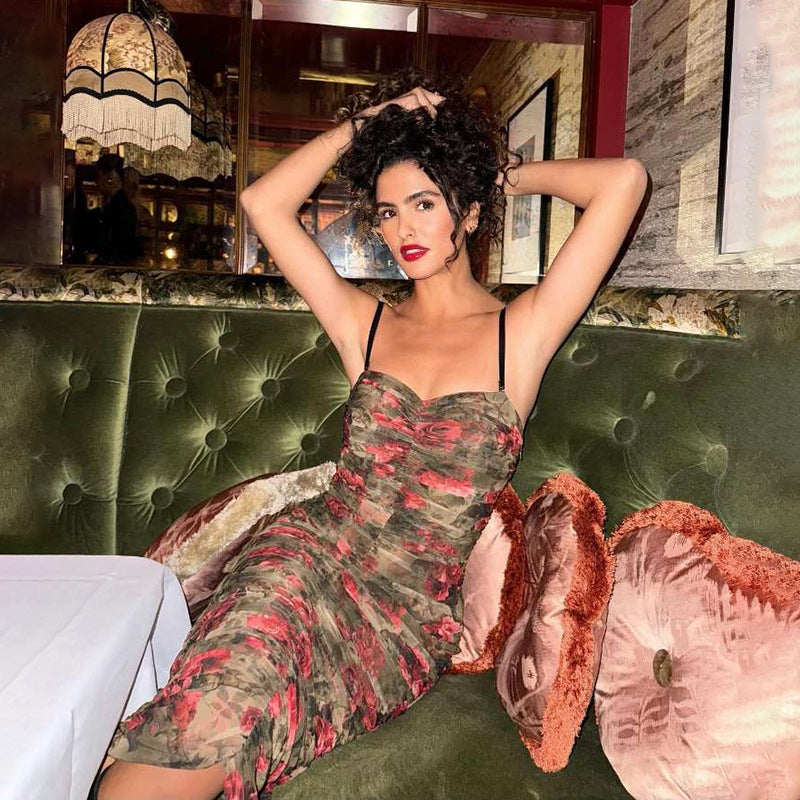 Autumn Women Clothing Retro Sexy Backless Pleated Suspender Printing Dress Bella Mia