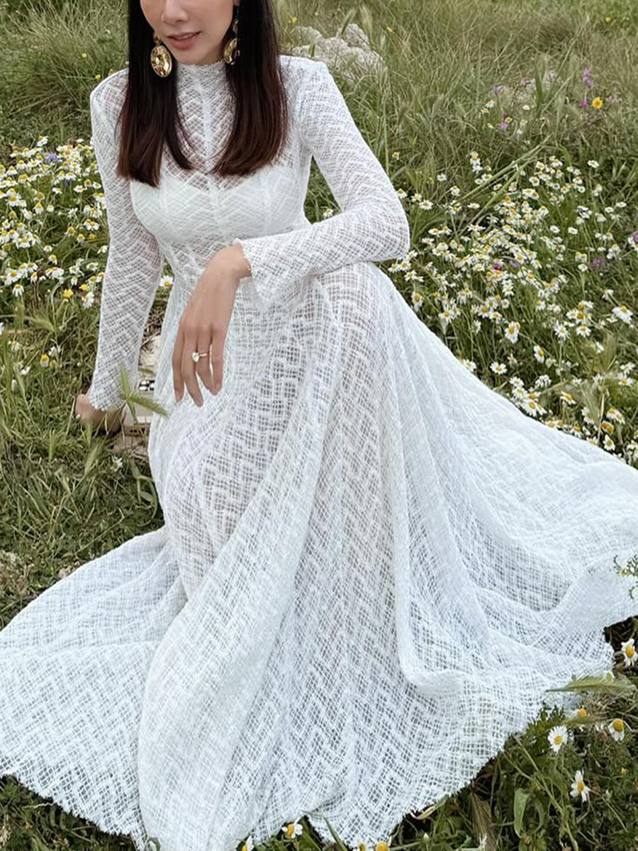 Autumn Winter Niche Design Beautiful Lace Slim Fit Slimming Wide Hem Maxi Dress Women Bella Mia