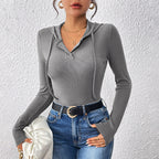 Autumn Knitted Emerized Sunken Stripe Hooded Solid Color Jumpsuit Bella Mia