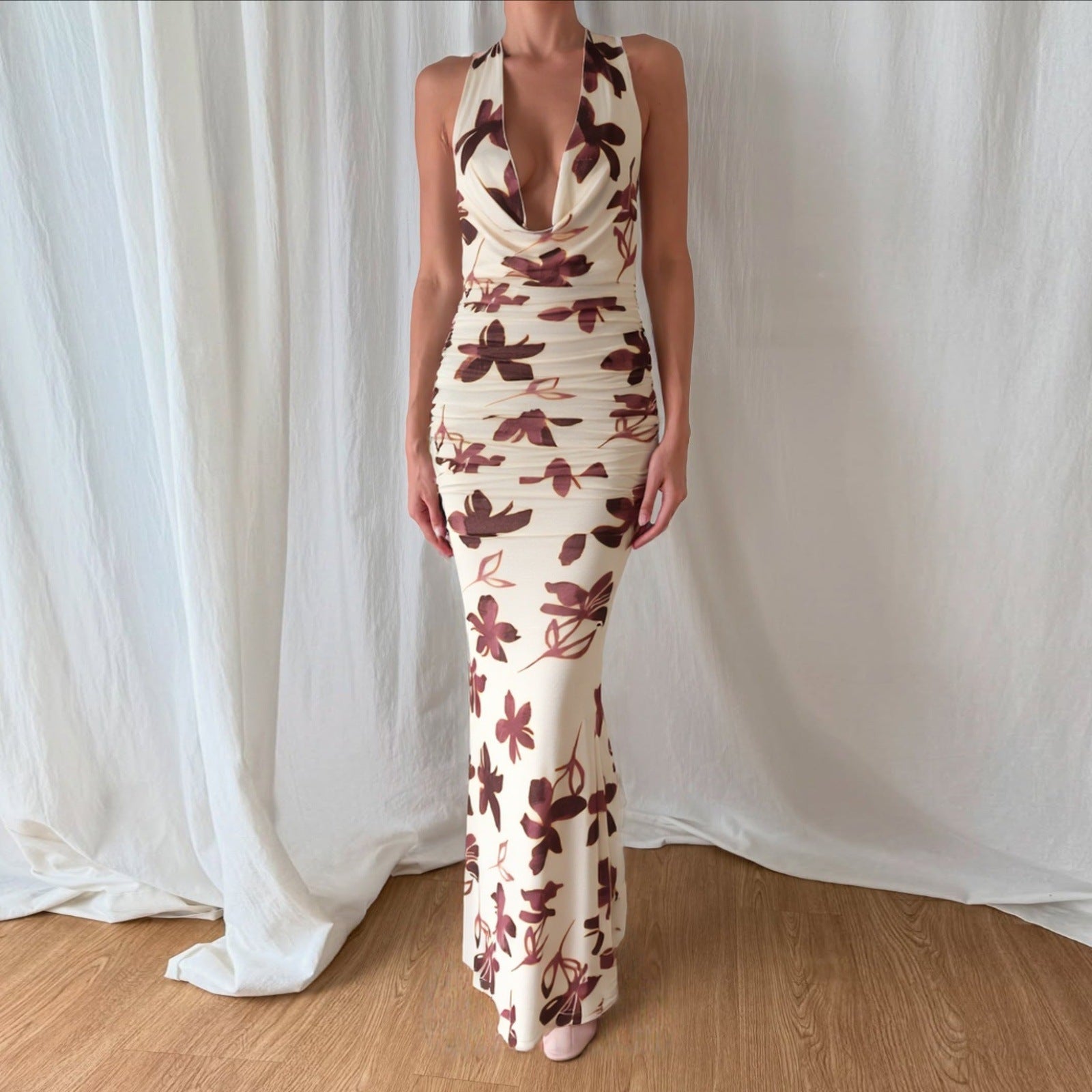 Women Clothing Autumn Sexy Swing Collar Vacation High Waist Figure Flattering Sheath Dress Maxi Dress Bella Mia