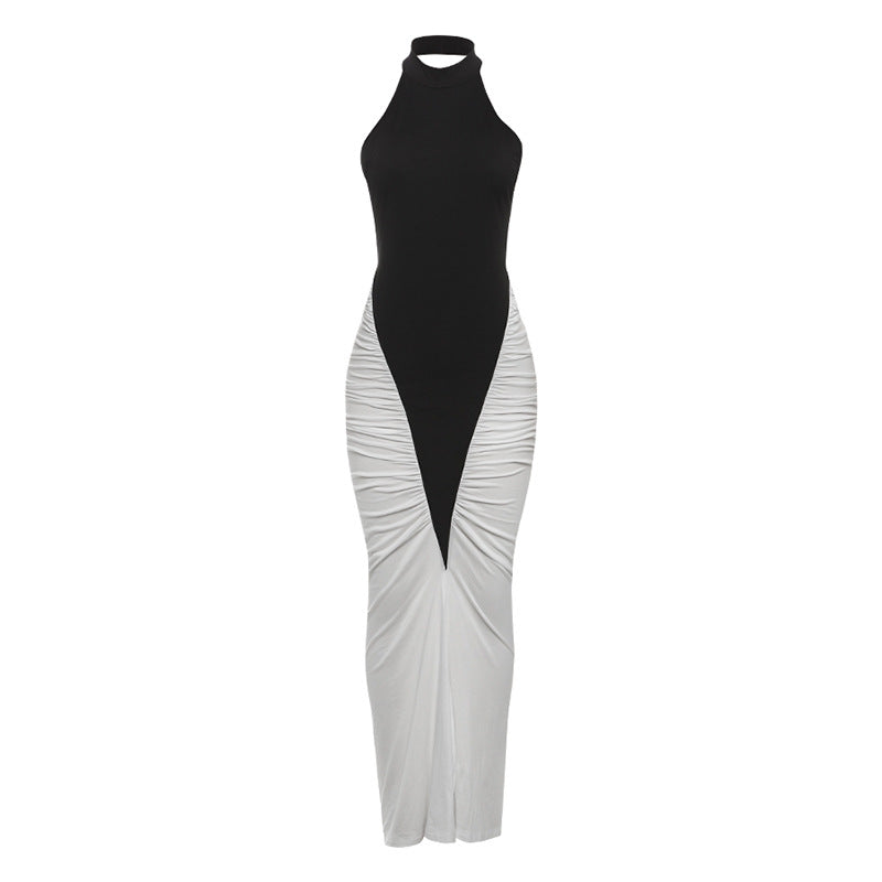 Summer Women Clothing Sexy Halter Backless Pleated Contrast Color Slim Fit Sheath Dress Bella Mia