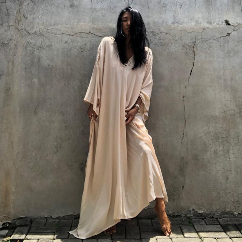 Rayon Loose Robe Beach Cover Up Sexy V Neck Headband Belt Sun Protection Dress Women Bella Mia