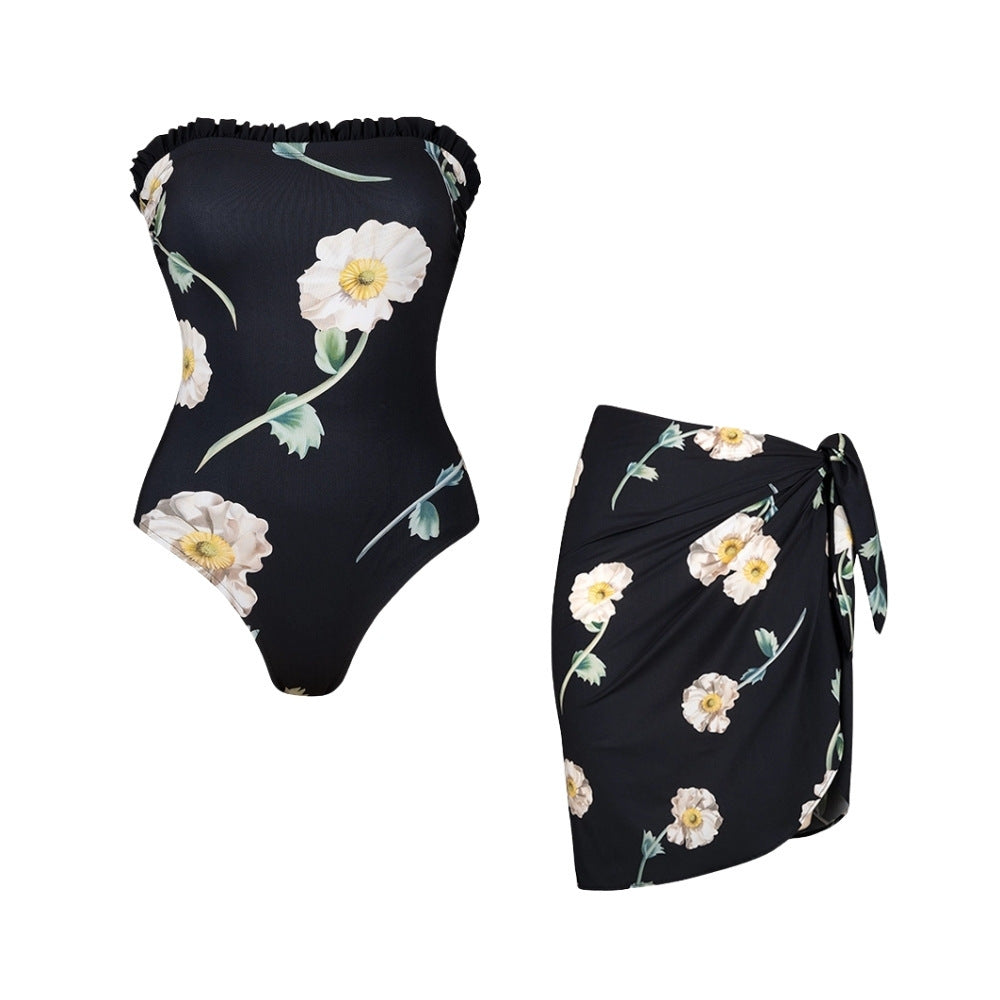 Swimsuit Wooden Ear Tube Top Floral One Piece Swimsuit Set Women