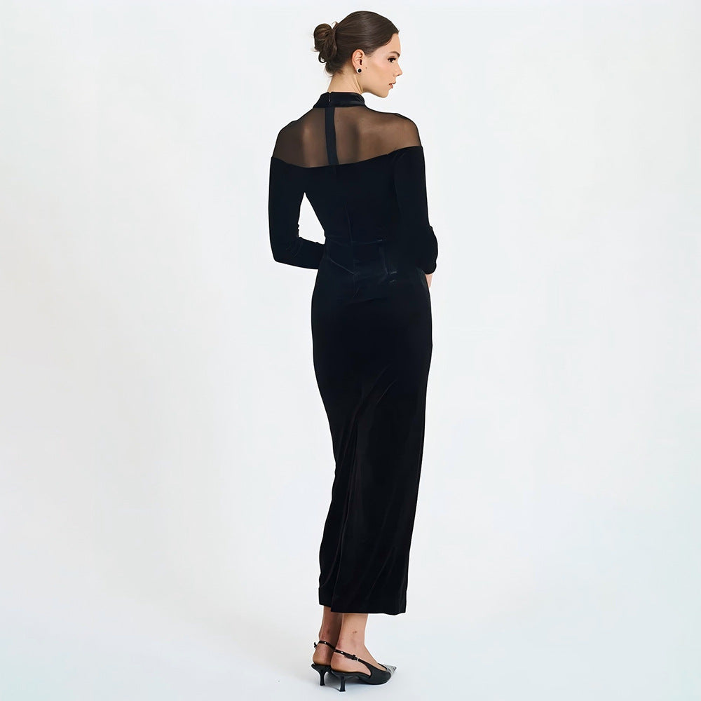 Autumn Winter Wear Voile See through Stitching Dress Sexy Tight Solid Color Dress Bella Mia
