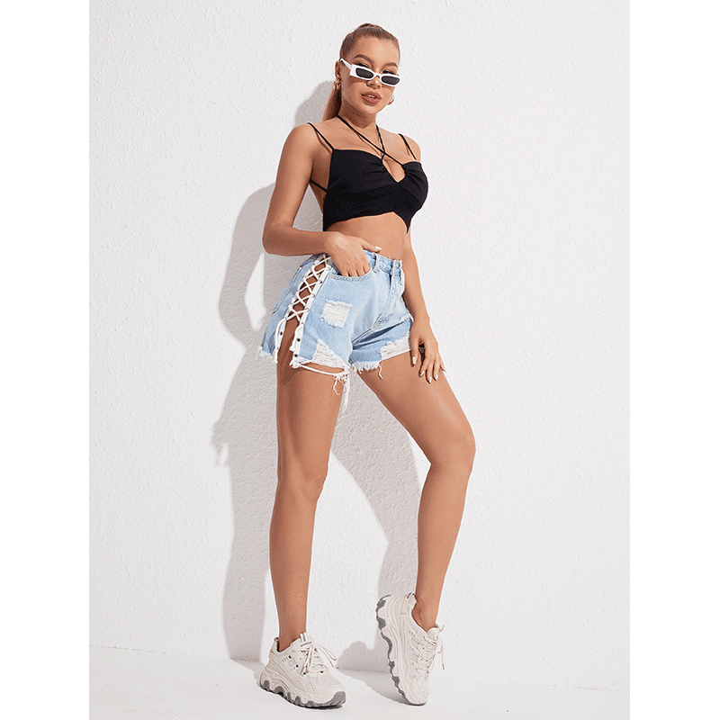 High Waist Slimming Lace-up Denim Shorts Women Summer Slim Fit Slim Fit Pants Bella Mia