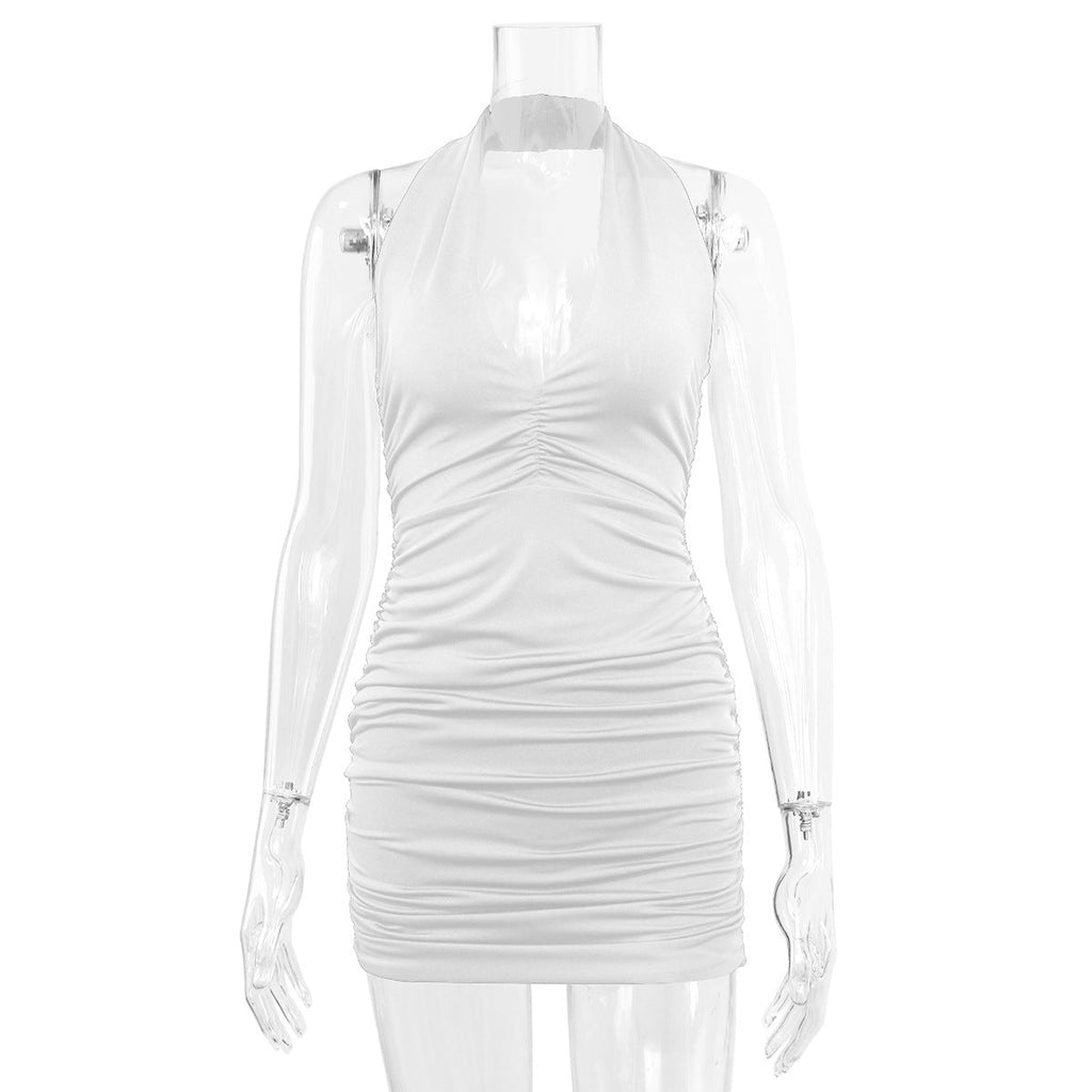 Summer New Women Clothing V-neck Halter Backless off-Shoulder Sexy Minimalist Pleated Dress Bella Mia