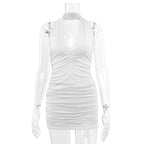 Summer New Women Clothing V-neck Halter Backless off-Shoulder Sexy Minimalist Pleated Dress Bella Mia