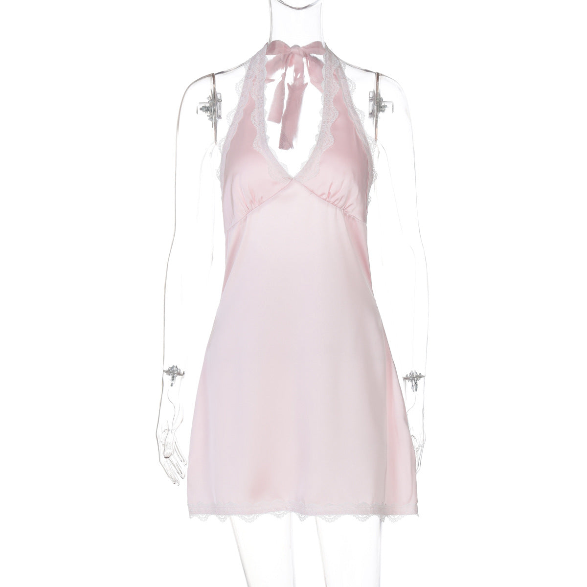 French Fashionable Women Clothing Sexy Hollow Out Cutout out Backless Deep V Plunge Stitching Lace Trim Short Halter Dress Bella Mia
