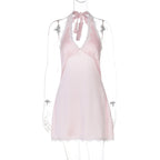 French Fashionable Women Clothing Sexy Hollow Out Cutout out Backless Deep V Plunge Stitching Lace Trim Short Halter Dress Bella Mia
