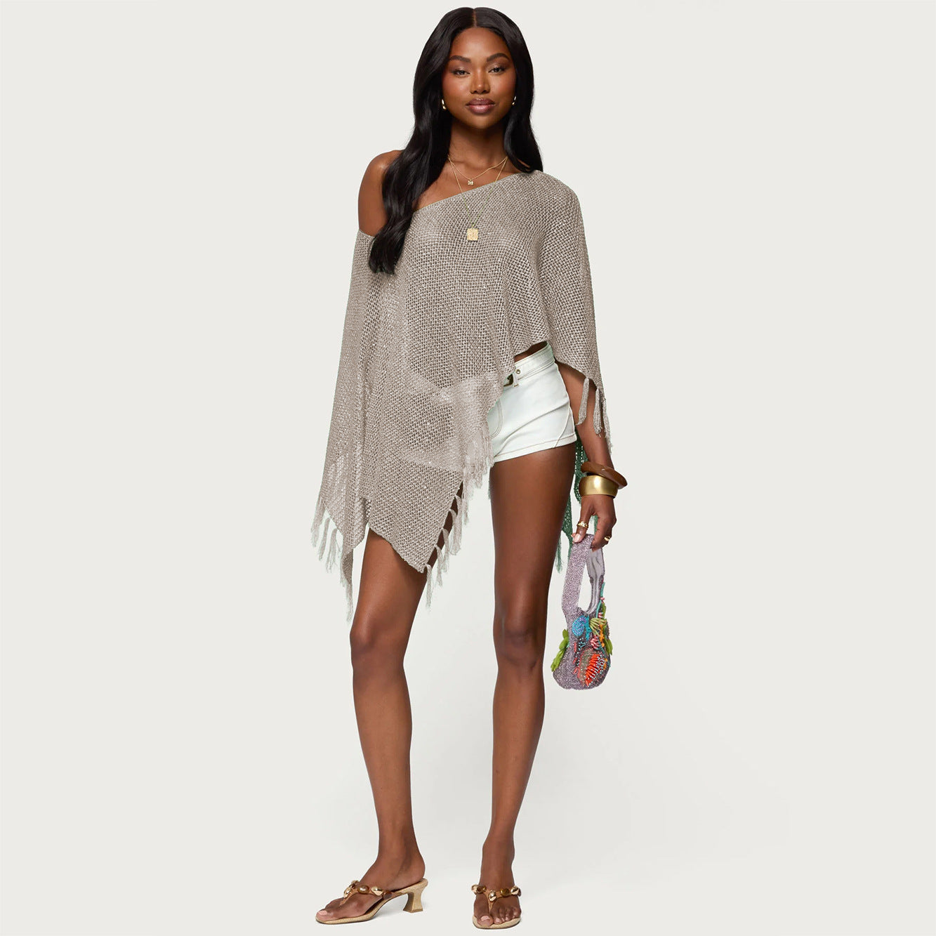 Summer Sexy Hollow Out Cutout out Sexy Diagonal Collar Inverness Irregular Asymmetric Design Knitted Blouse Bella Mia