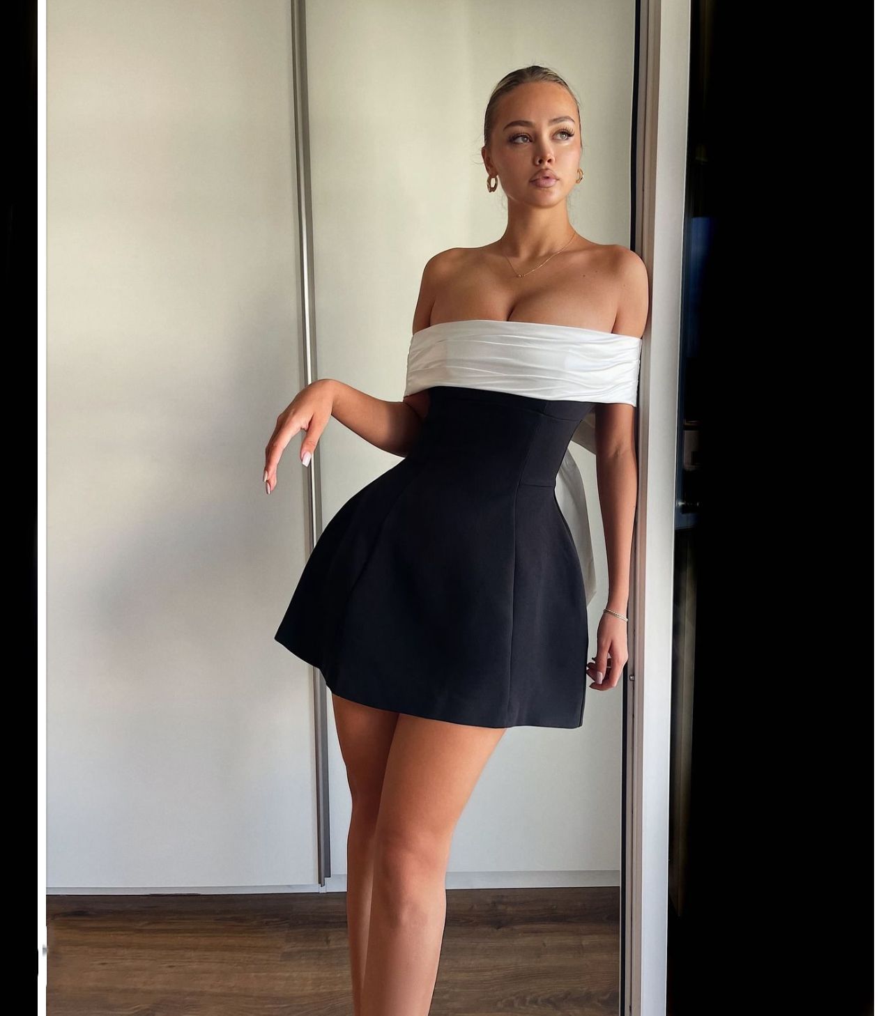 Spring Summer off Shoulder Black White Contrast Color Tight Waist a Swing Design Bow Dress Bella Mia