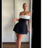 Spring Summer off Shoulder Black White Contrast Color Tight Waist a Swing Design Bow Dress Bella Mia