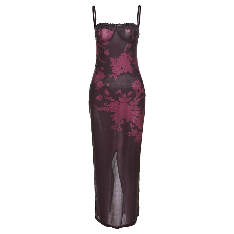 Spring Summer Women Sexy Strap Lace Slim Sheath Print Retro Dress Bella Mia