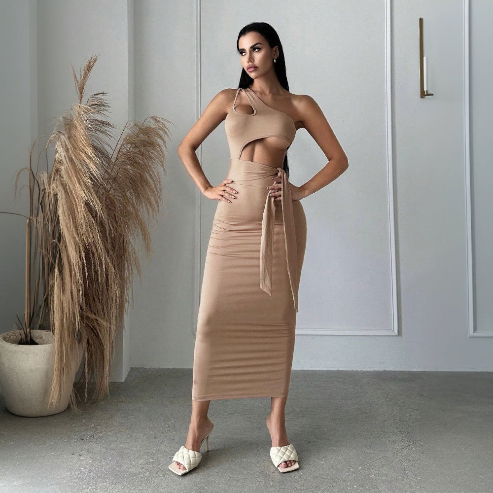 Spring Summer Women Clothing Sexy Socialite Diagonal Collar Dress Unilateral Strapless High Waist Dress Bella Mia