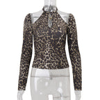 Women Clothing Autumn Sexy Vintage Leopard Print Halterneck Long Sleeved Sexy Top for Women Bella Mia