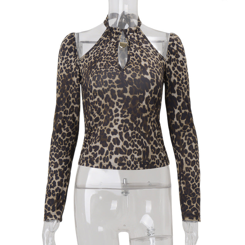 Women Clothing Autumn Sexy Vintage Leopard Print Halterneck Long Sleeved Sexy Top for Women Bella Mia