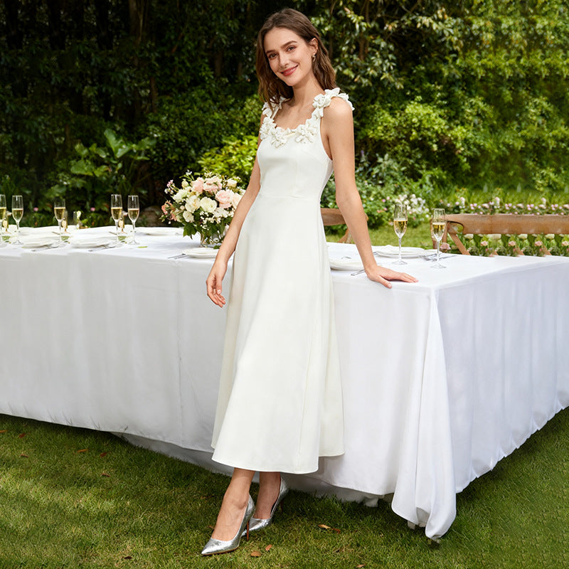 Fall Elegant Elegant Sweet Heavy Industry Three Dimensional Floral Long Patchwork Strap Dress for Women Bella Mia