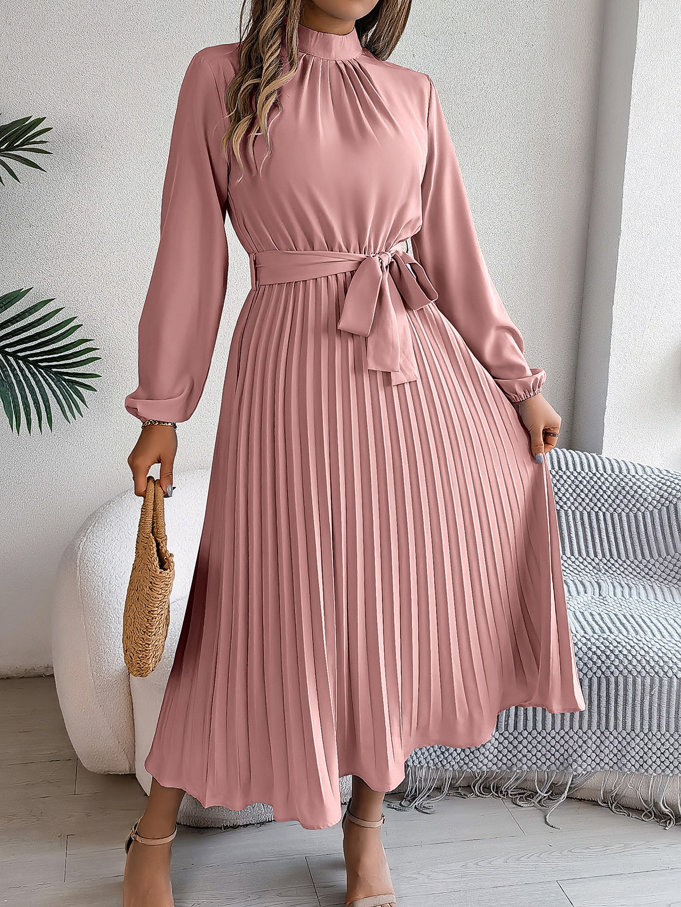 Autumn Winter Elegant Stand Collar Long Sleeve Cinched Pleated Maxi Dress Small Dress Women Clothing Bella Mia