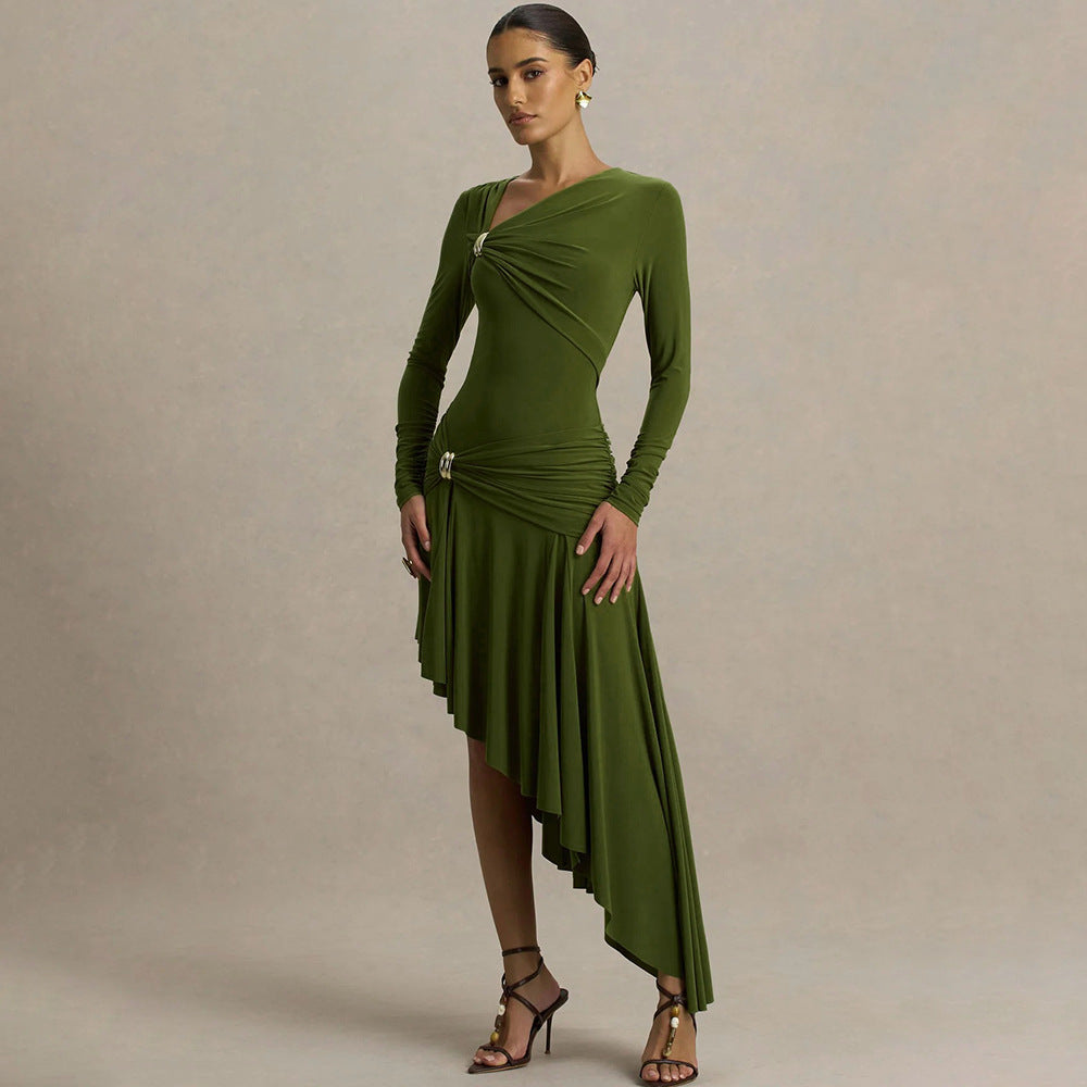 Autumn Winter Graceful Fashionable Women Slim Dress Sexy Pleated Irregular Asymmetric Maxi Dress Bella Mia