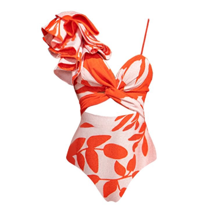 One Shoulder Ruffled Hollow Out Cutout Printed One Piece Swimsuit Women Skirt Bella Mia