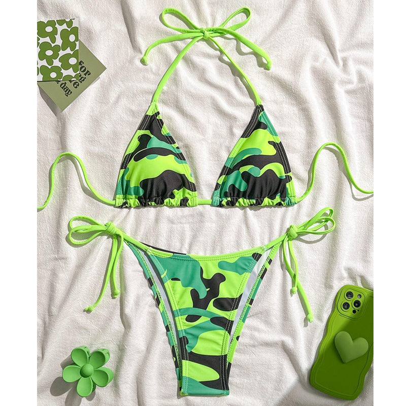 Bikini Camouflage Printed Sexy Halter Lace up Bikini Swimsuit Women Swimwear