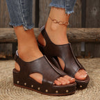 Platform Hollow Out Cutout Peep Toe Sandals Women plus Size Rivet Velcro Wedge Beach Sandals Bella Mia
