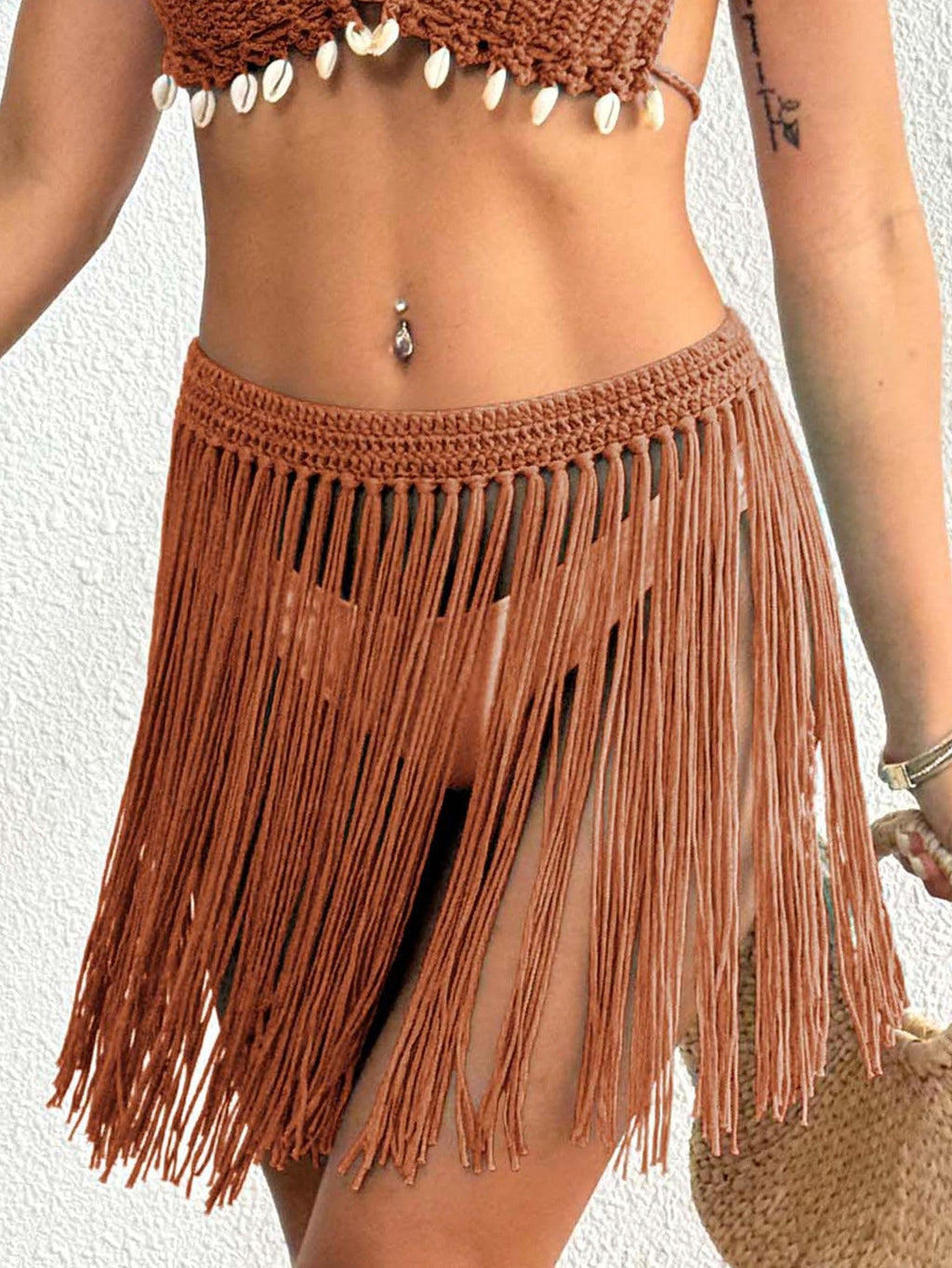 Women Lace up Skirt Women Clothing Beach Beach Cover Up Pure Hand Crocheting Tassel Skirt Overskirt Bella Mia