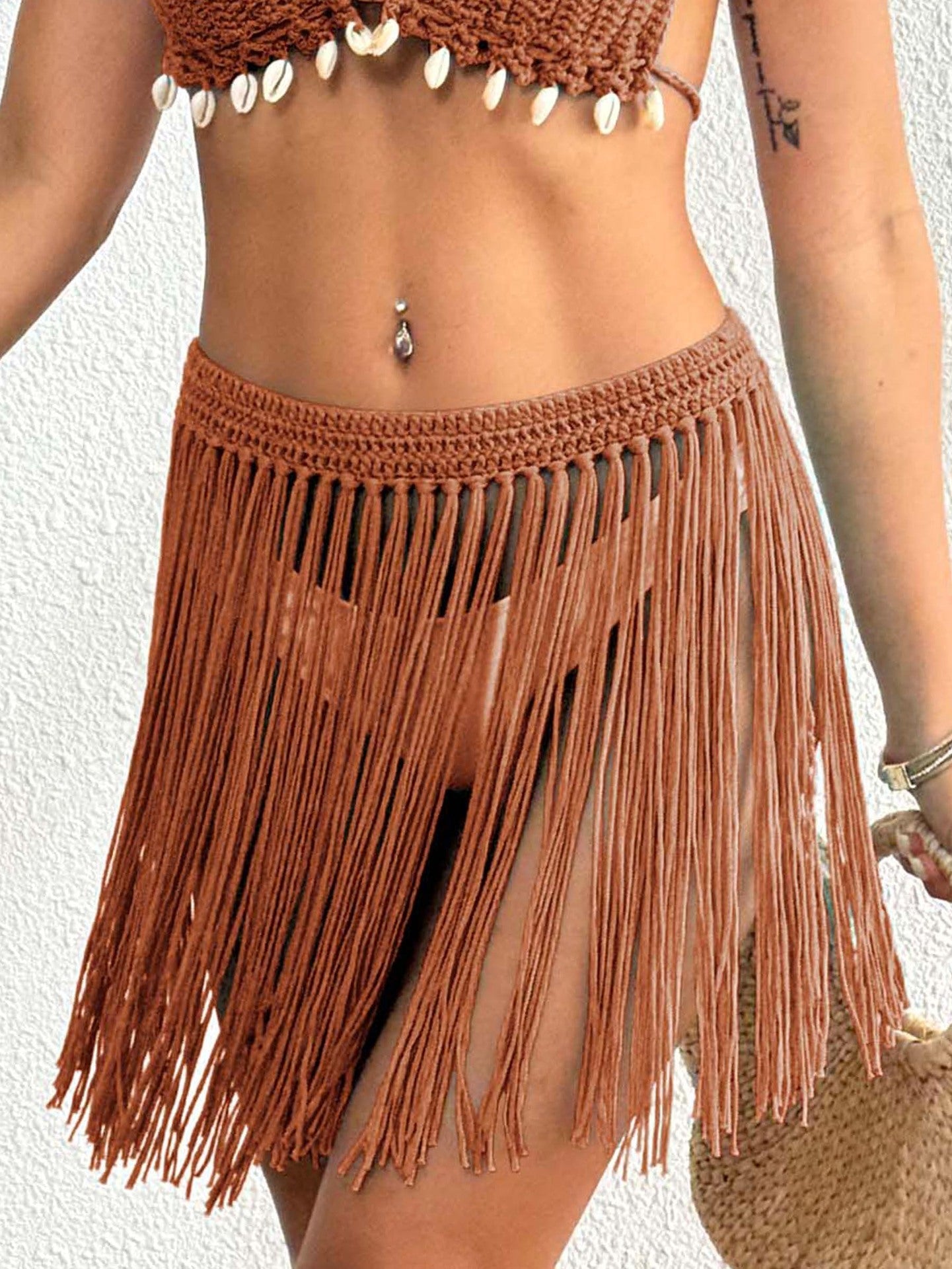 Women Lace up Skirt Women Clothing Beach Beach Cover Up Pure Hand Crocheting Tassel Skirt Overskirt Bella Mia