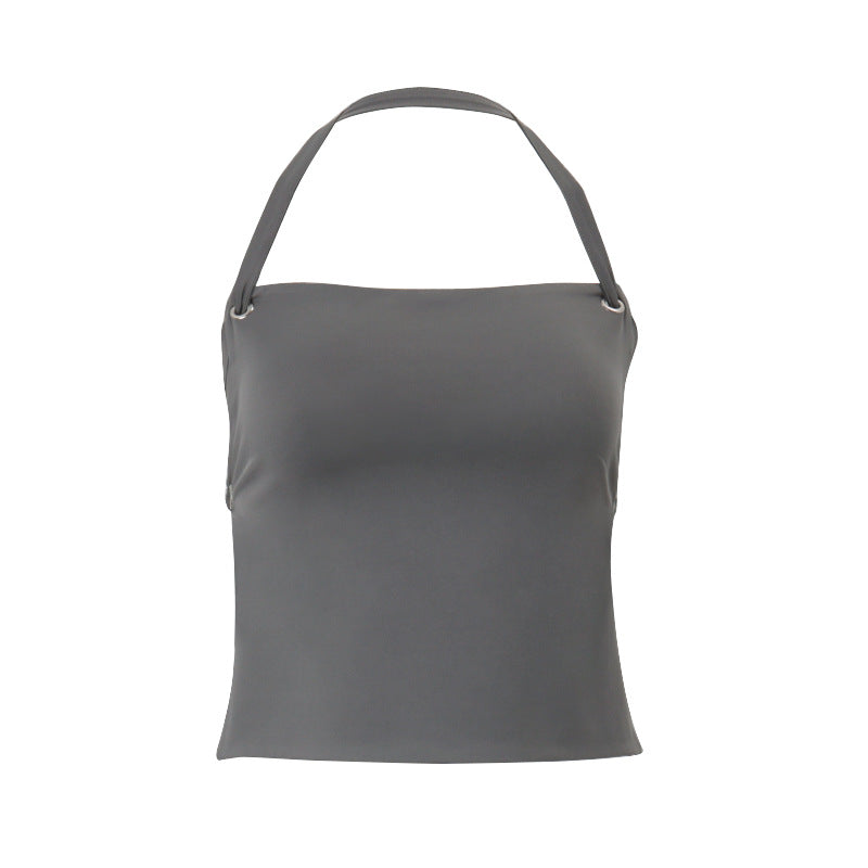 Women Clothing Summer Sexy Bare Back Slim Solid Color Short Halterneck Vest Top Bella Mia