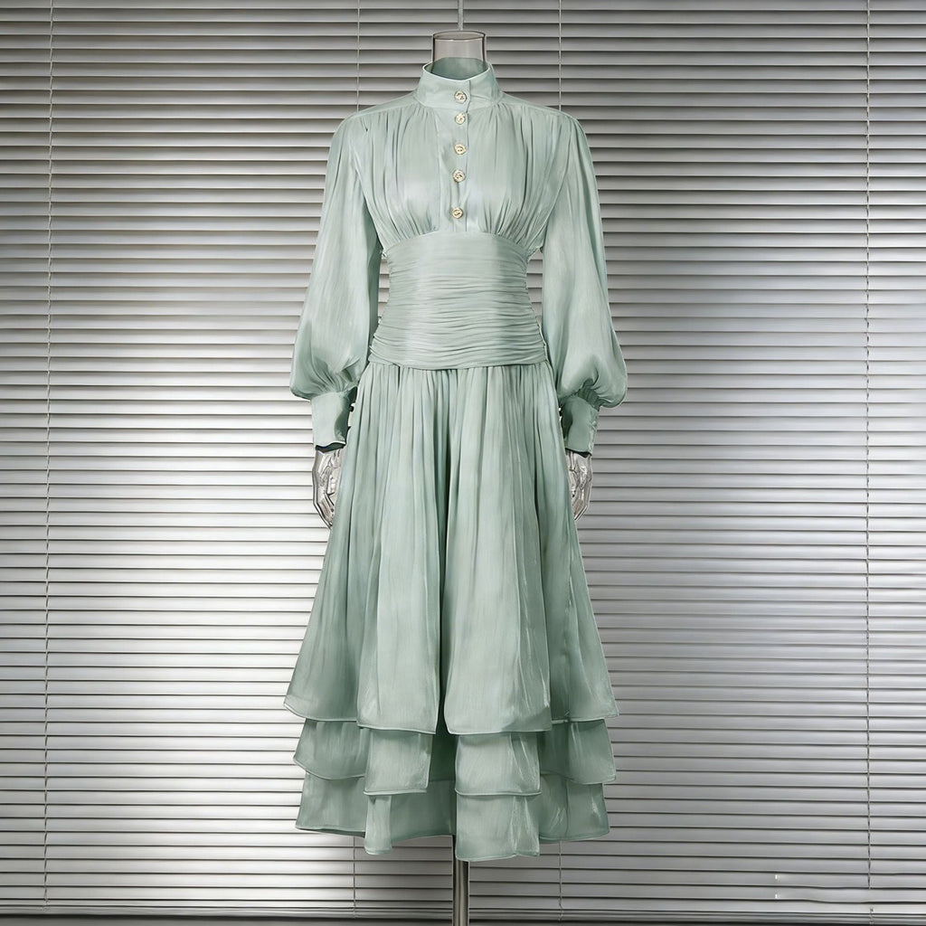 Spring Elegant Retro Lantern Sleeve Breasted Ruffled Maxi Dress Waist Slimming Dress Bella Mia