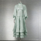 Spring Elegant Retro Lantern Sleeve Breasted Ruffled Maxi Dress Waist Slimming Dress Bella Mia