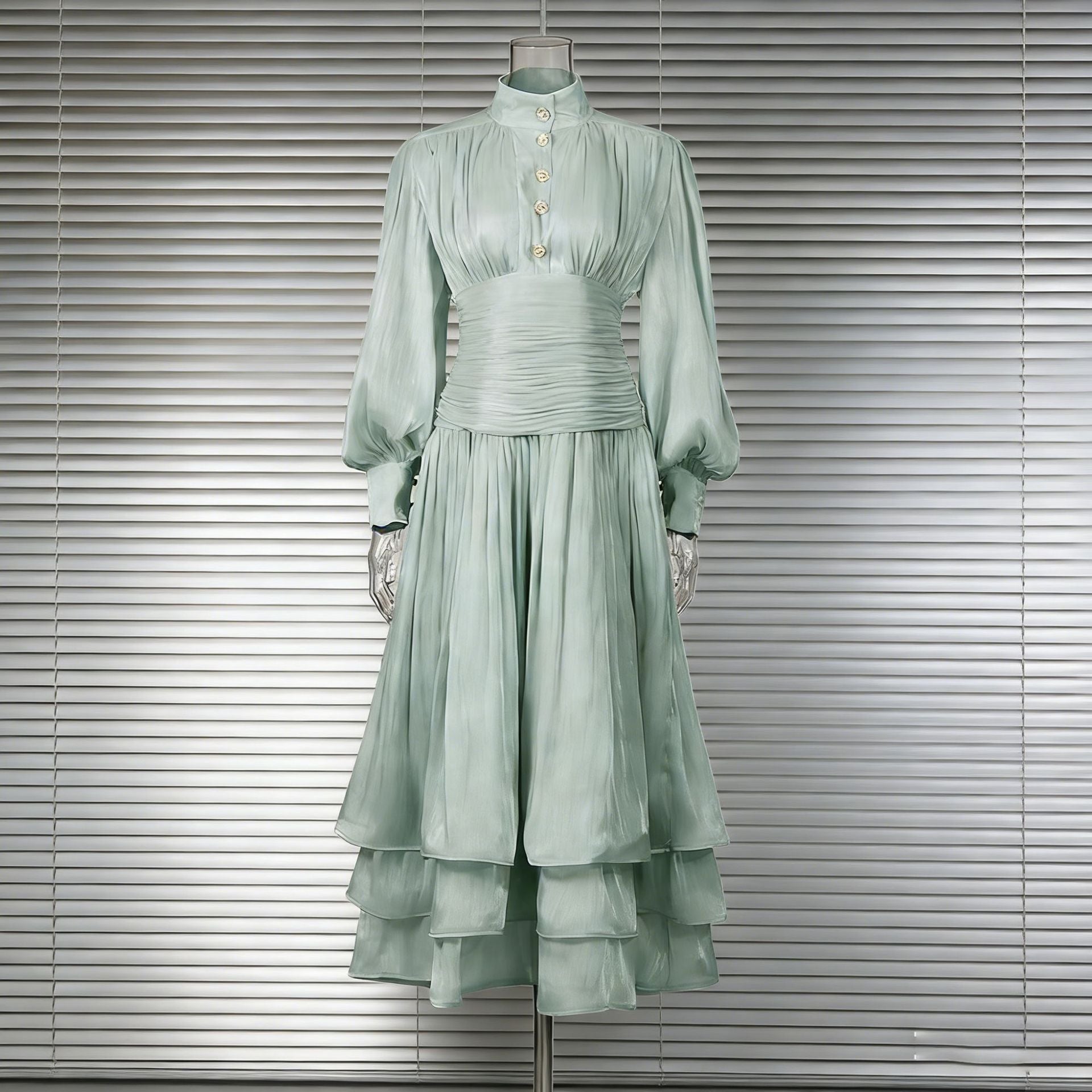 Spring Elegant Retro Lantern Sleeve Breasted Ruffled Maxi Dress Waist Slimming Dress Bella Mia