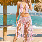 Crocheted Bikini Swimsuit Sexy Lace up Dignified Hollow Out Cutout Crocheted Tassel Hem Beach Cover up Set Bella Mia