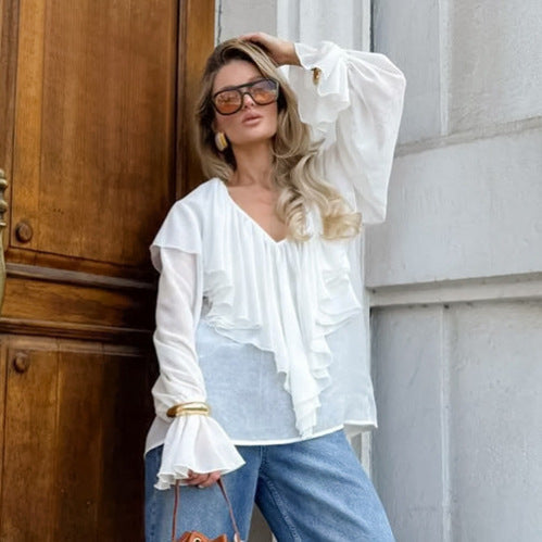 Autumn Texture V neck Flounce Flare Sleeve Blouse Women All Match White Chiffon Shirt Bella Mia
