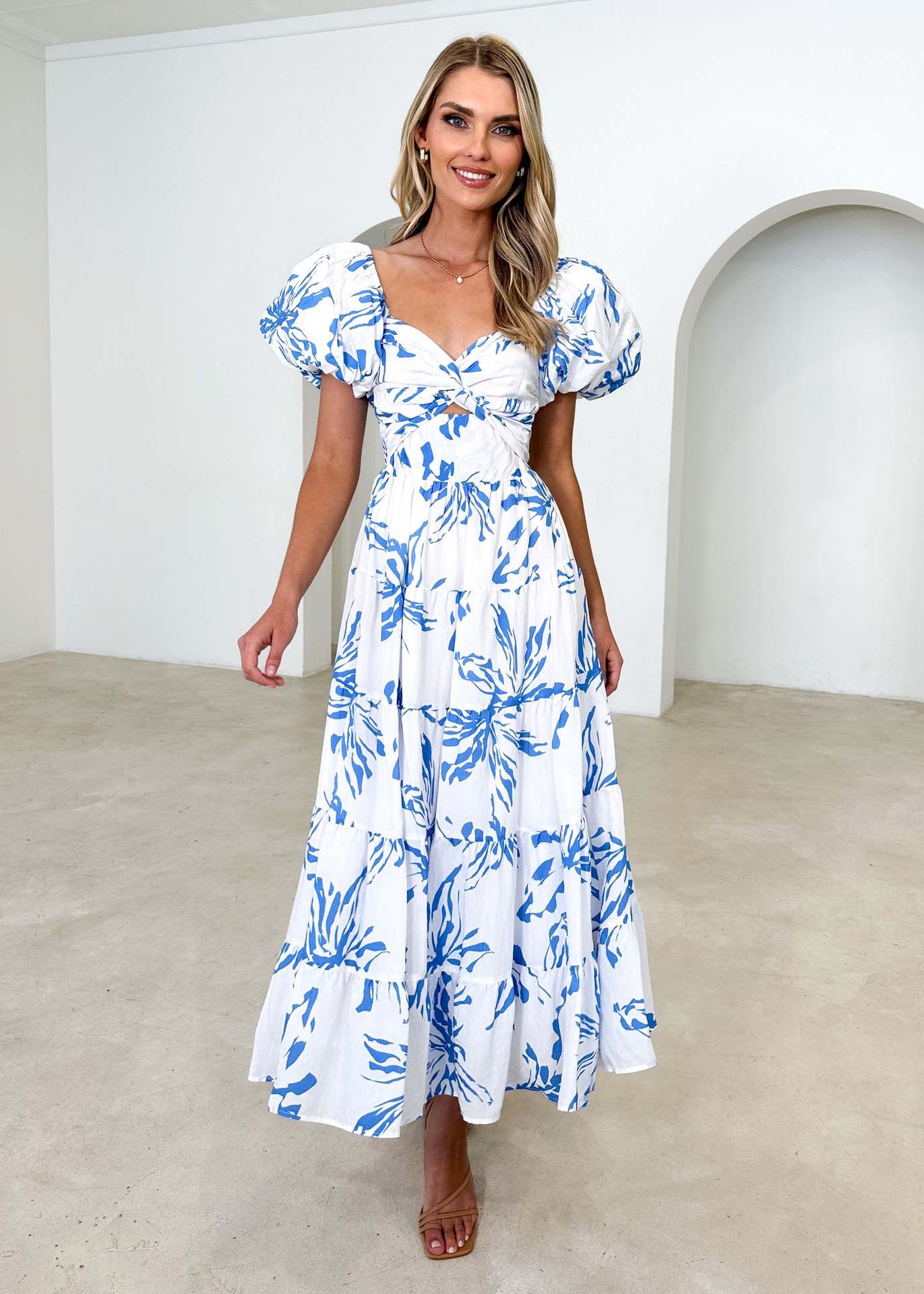 Spring Women Fashionable Elegant Puff Sleeve V neck Hollow Out Cutout out Printed Dress for Women Bella Mia