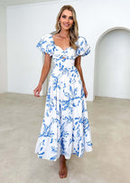 Spring Women Fashionable Elegant Puff Sleeve V neck Hollow Out Cutout out Printed Dress for Women Bella Mia