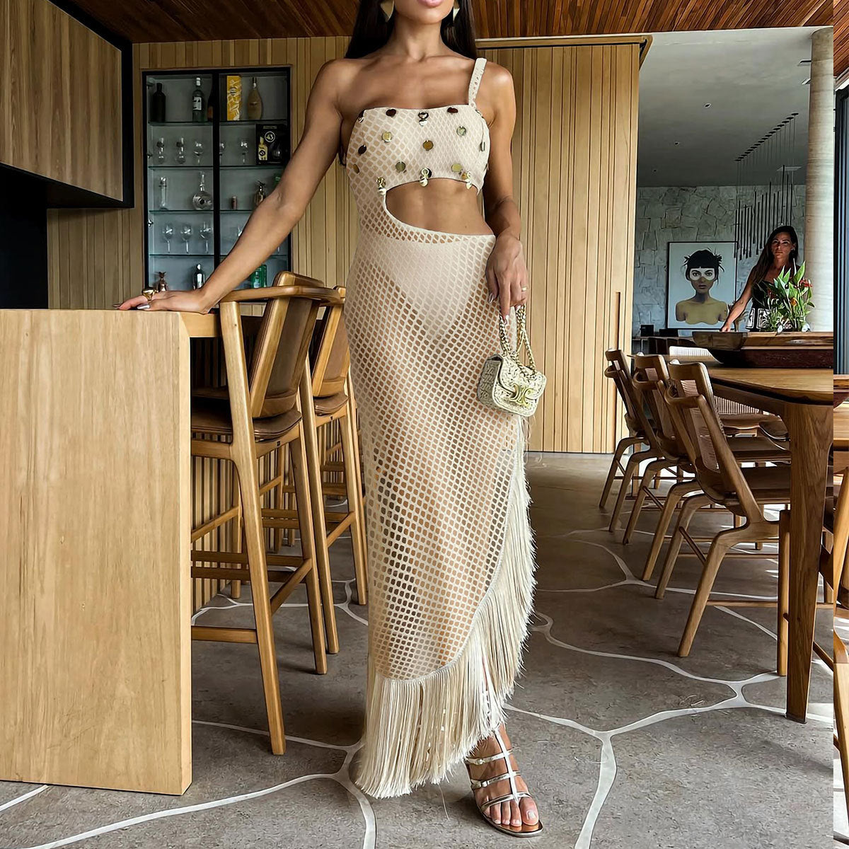 Sexy Hollow Out Cutout Beach Seaside Vacation Dress Solid Color Tassel Bella Mia