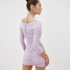 Light Purple Hollow Out Cutout Pleated Three Dimensional Floral Hip Women Clothing Halter Dress Autumn Bella Mia