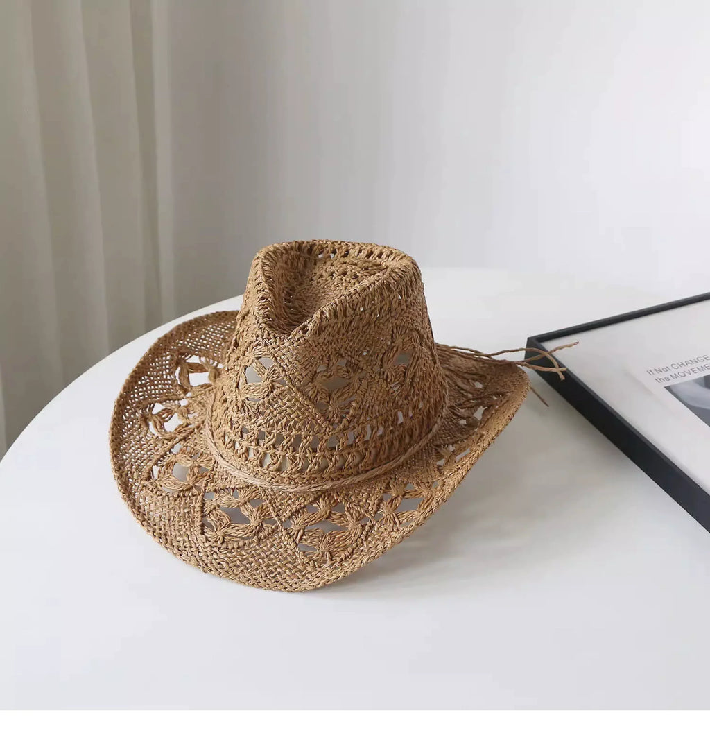 New Arrival Hand-Woven Straw Hat Cut Out Summer Sun Protection for Men and Women Sun Hat Western Cowboy Hat Outdoor All-Matching Hat