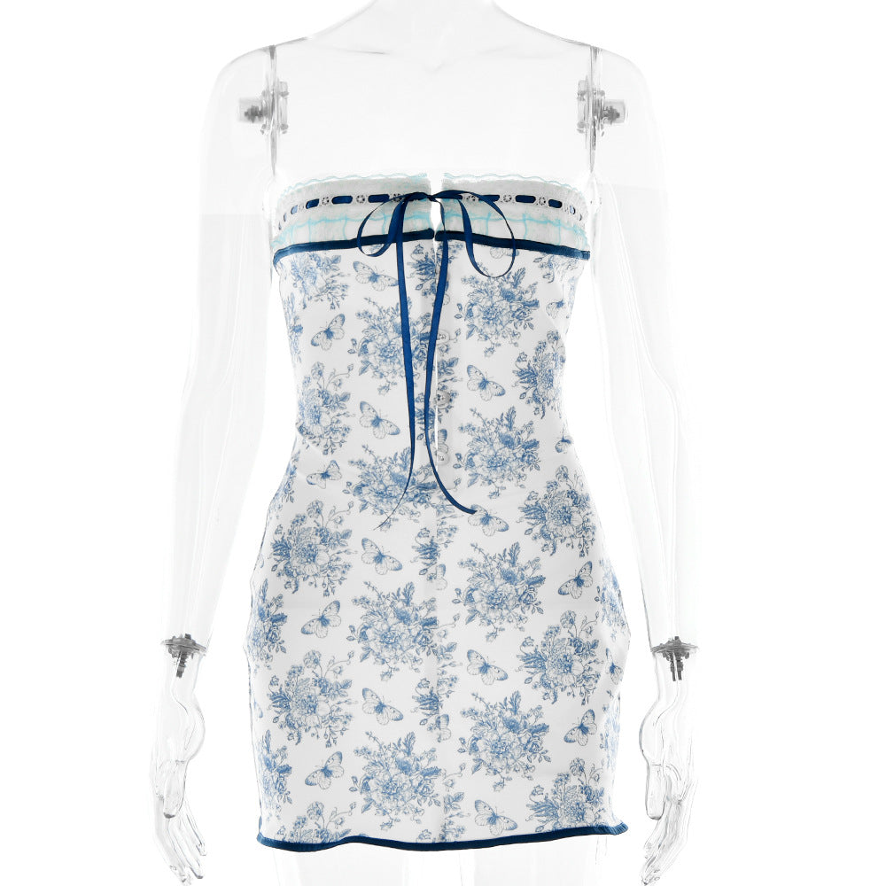 Spring Summer Printed Dress Sexy Backless Lace up Tube Top Lace Hip for Women Bella Mia