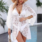 Women Clothing Irregular Asymmetric Cardigan Sexy See through Lace Shirt Lace up Beach Sun Protection Coat Bella Mia