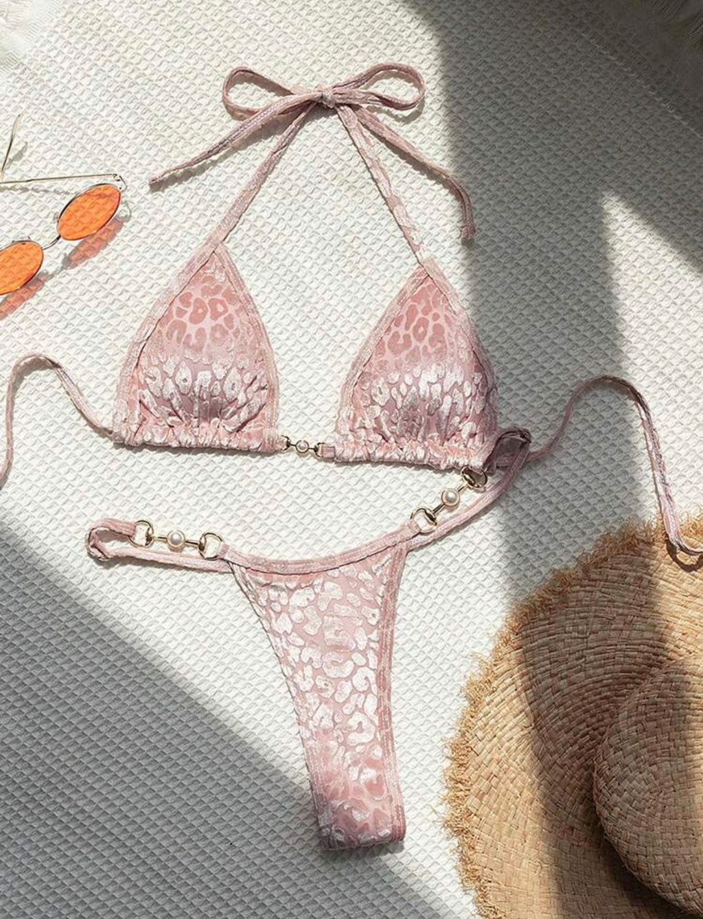 Sexy T Shaped Pearl Leopard Special Fabric Swimwear Swimsuit Bikini Bella Mia