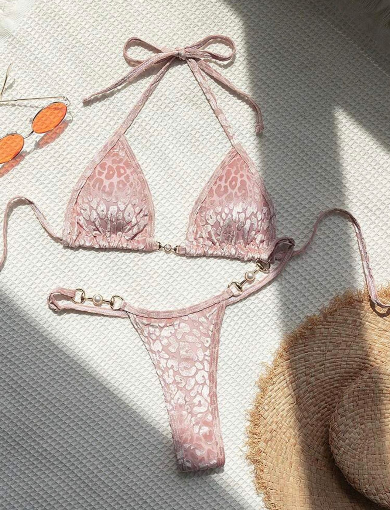 Sexy T Shaped Pearl Leopard Special Fabric Swimwear Swimsuit Bikini Bella Mia