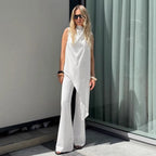 Summer Women Clothing White Tie Neck Irregular Asymmetric Sleeveless Top Wide Leg Pants Two Piece Sets Bella Mia