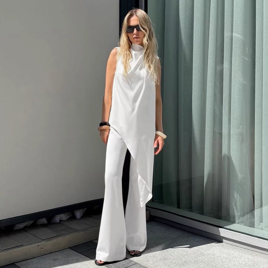 Summer Women Clothing White Tie Neck Irregular Asymmetric Sleeveless Top Wide Leg Pants Two Piece Sets Bella Mia