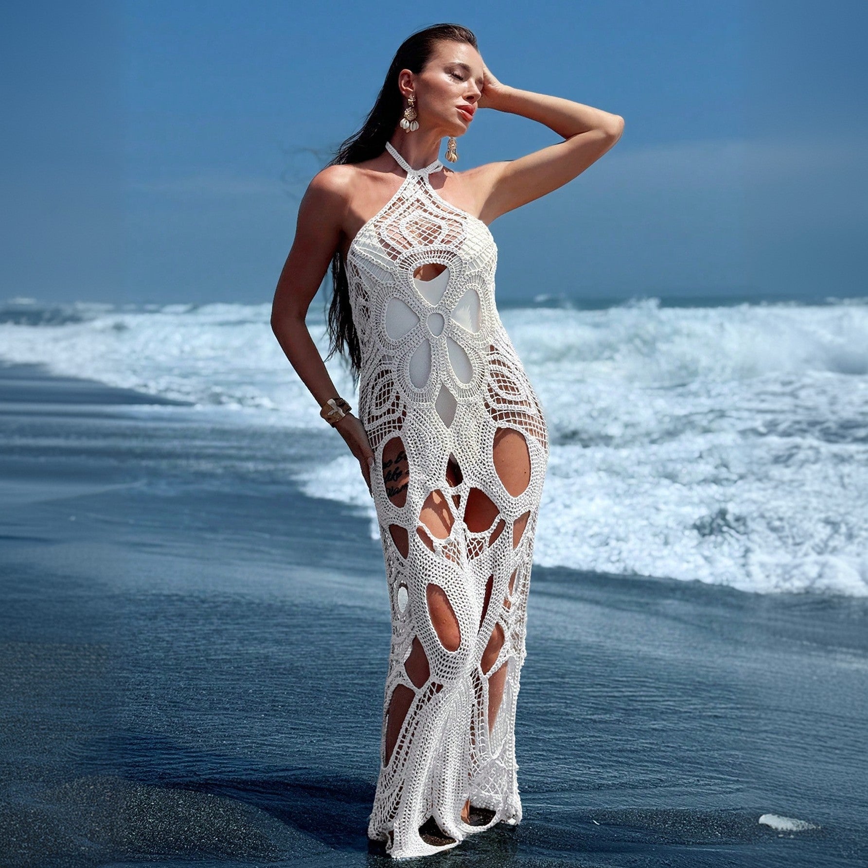 Solid Color Sexy Cutout Halter Beach Cover up Bikini Swimsuit Beach Dress Women Bella Mia
