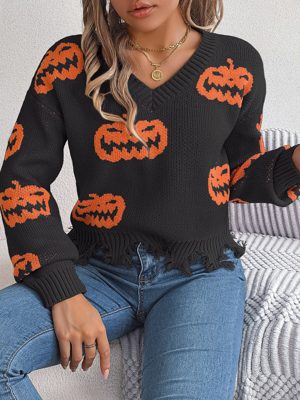 Autumn Winter Halloween Contrast Color Pumpkin Cut Rotten Long Sleeve Pullover Women Clothing Bella Mia